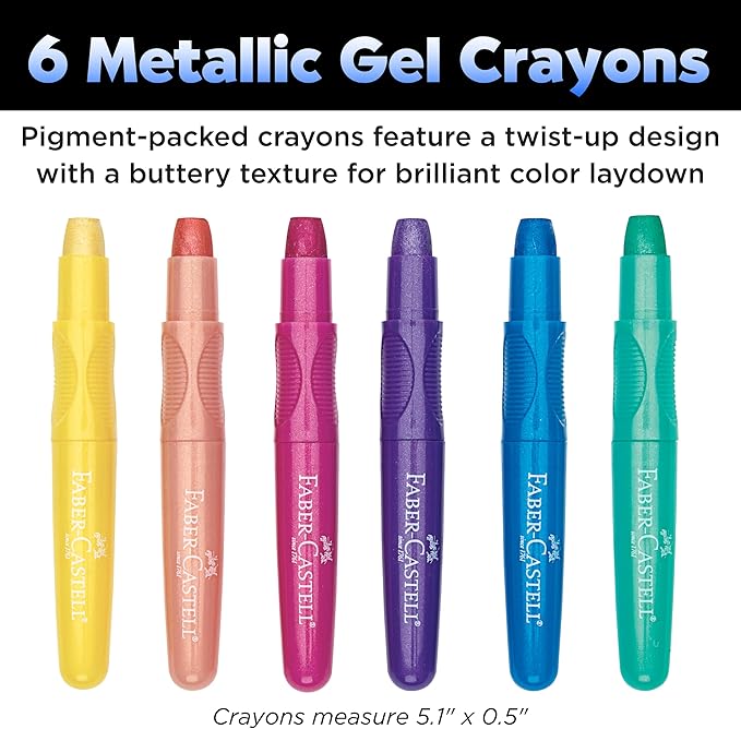 Faber-Castell Metallic Gel Crayons: 6 Vibrant Gel Crayons in Durable Storage Case: Twistable Art Supplies for Toddler Coloring, Kids Drawing and Arts and Crafts for Ages 3-4+
