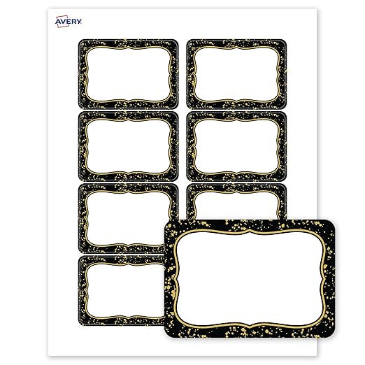 Avery Printable Adhesive Name Badges, 2-1/3" x 3-3/8", Pre-Printed Black Border with Metallic Gold Specs Design, Matte White, Laser & Inkjet Compatible, 80 Total