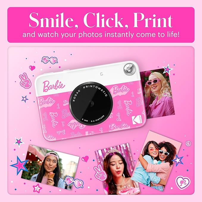 Barbie x Kodak Printomatic Full-Color Instant Print Digital Camera – 5MP Portable Barbie Camera Prints Colorful 2x3” Sticky-Back Photos – Signature Style