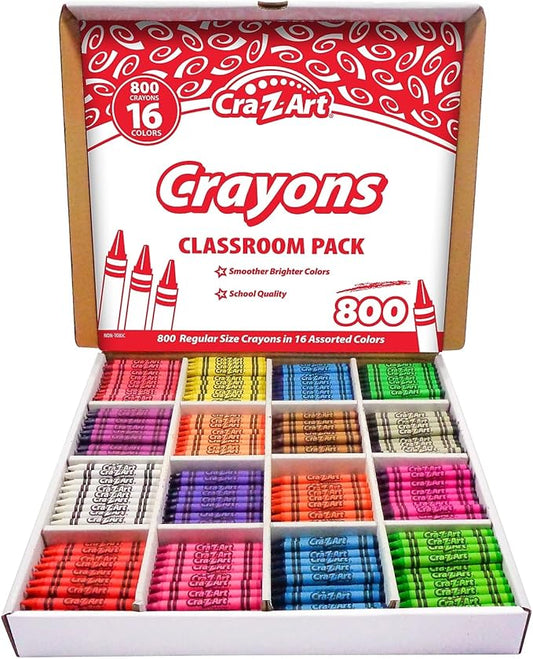 Cra-Z-Art Crayon Bulk Class Pack 800ct 16 Assorted Colors Back To School Supply List Essential, Bulk Pack for School Supply Rooms and In Class For Teachers