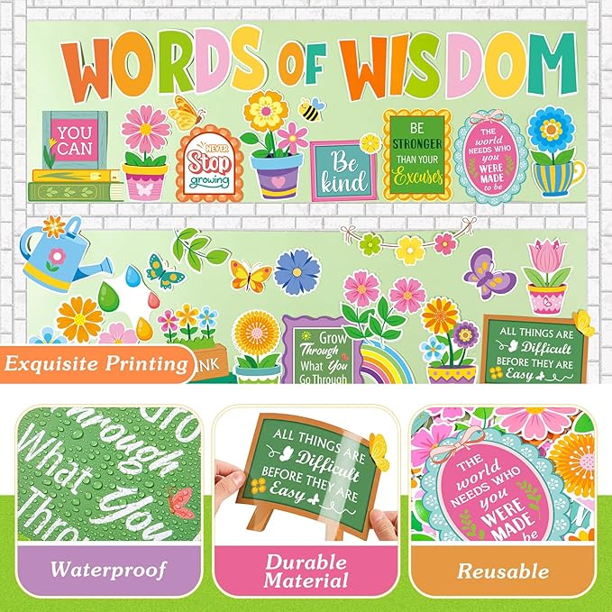 57 Pcs Spring Floral Bulletin Board Set Inspirational Flower Bulletin Board Decoration Positive Cutout Classroom Decoration for School Office Home Teacher Classroom Wall Supplies