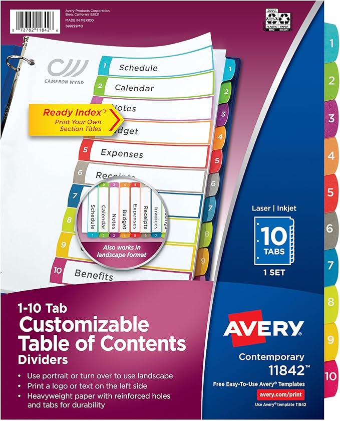 Avery Dividers for 3 Ring Binders, 10 Tabs per Set, Customizable Table of Contents, Multicolor Arched Tabs, Great for Organizing Reports, Projects, and More (11842)