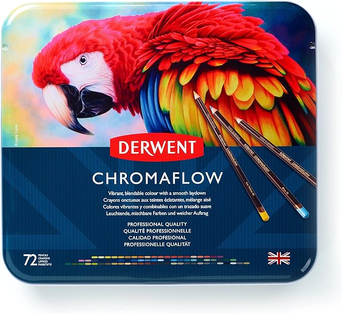 Derwent Chromaflow Colored Pencils Tin, Set of 72, Great for Holiday Gifts, 4mm Wide Core, Multicolor, Smooth Texture, Art Supplies for Drawing, Blending, Sketching, Professional Quality (2306014)