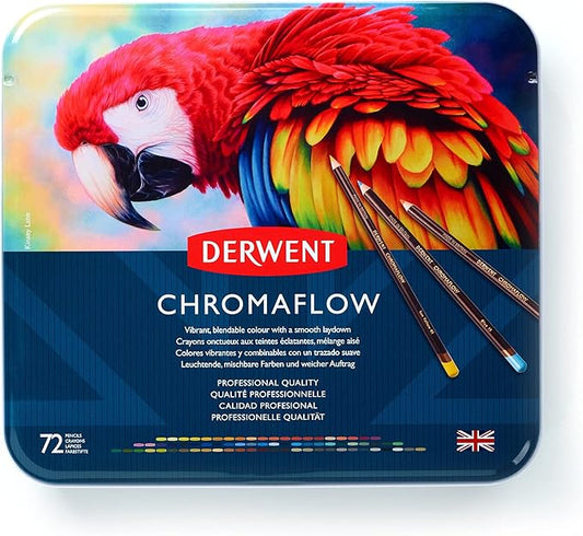 Derwent Chromaflow Colored Pencils Tin, Set of 72, Great for Holiday Gifts, 4mm Wide Core, Multicolor, Smooth Texture, Art Supplies for Drawing, Blending, Sketching, Professional Quality (2306014)