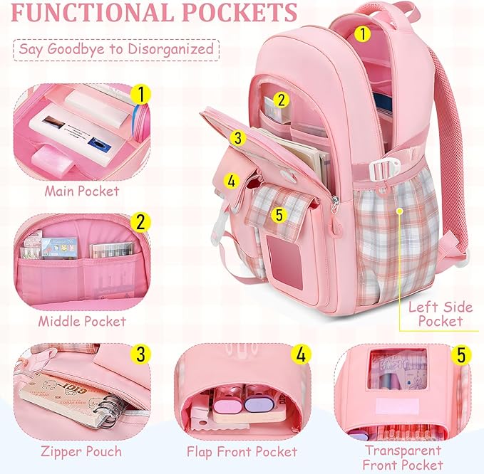 School Backpack for Girls - 5PCS Girls Backpack with Lunch Box Set for Elementary, Middle and High School Students - 18" Large Capacity School Bookbag with Multiple Pockets
