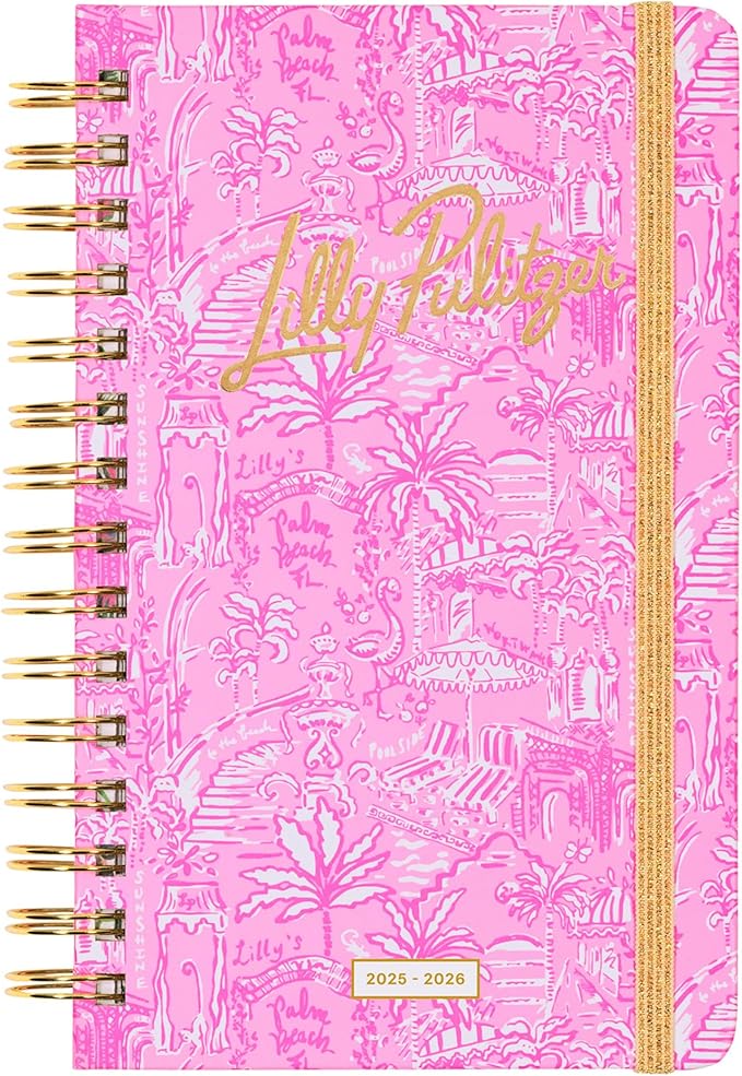 Lilly Pulitzer Medium Planner August 2025 - December 2026, Weekly Agenda & Monthly Calendar, Stickers, Pockets, Spiral Binding, 5" x 8.25" (Palm Beach Playground)