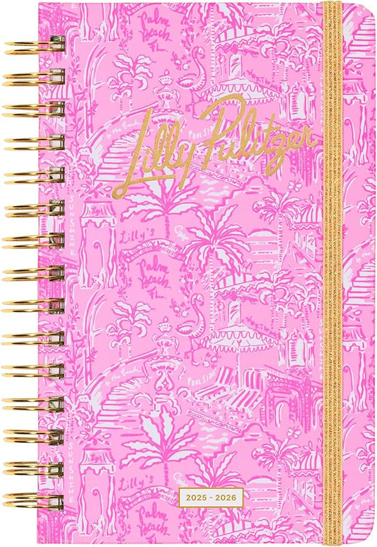 Lilly Pulitzer Medium Planner August 2025 - December 2026, Weekly Agenda & Monthly Calendar, Stickers, Pockets, Spiral Binding, 5" x 8.25" (Palm Beach Playground)