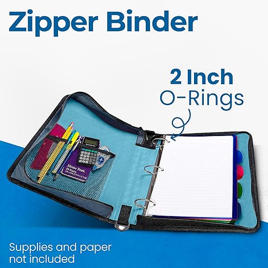 Case-it Classic Zipper Binder | 2-Inch O-Rings, 350 Sheet Capacity, Multiple Storage Pockets & Shoulder Strap | School & Office Organizer | D-251 Teal (Pack of 6)
