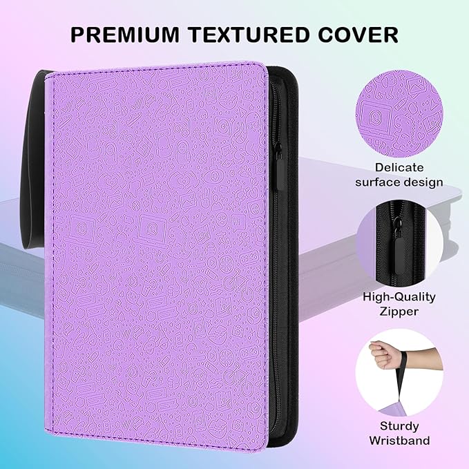 Card Binder 9 Pocket - 432 Cards, Premium Textured & Patterned PU Leather Album, 24 Page Zippered Side-Loading for Baseball, TCG, Trading & Sports Cards (Unique Textured Purple)