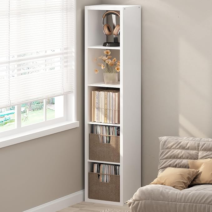 Furinno Cubicle Record Player Stand with Vinyl Storage, 5-Cube 1.2 Extra Thick Vinyl Record Storage, Open Back Media Shelf for CD DVD Blueray Game Disc, for Living Room, Home Office, White
