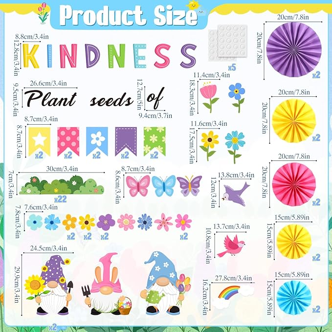 Eersida Spring Bulletin Board Decorations with Paper Fans St Patricks Day 3D Classroom Bulletin Board Christian Easter Flower Bunny Cutouts School VBS Library Church Window Wall Decor(Gnome)