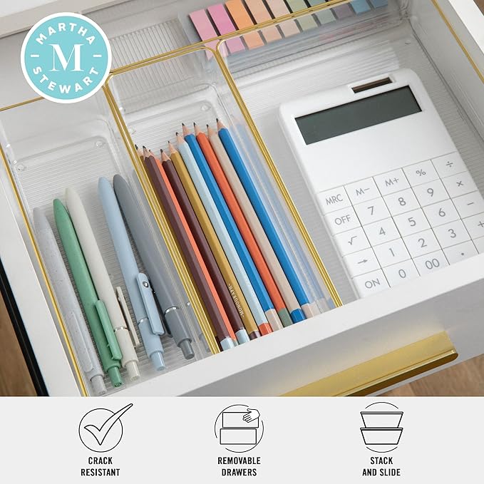 Martha Stewart Kerry Plastic Stackable Office Desk Drawer Organizers, Set of 5, with Gold Trim