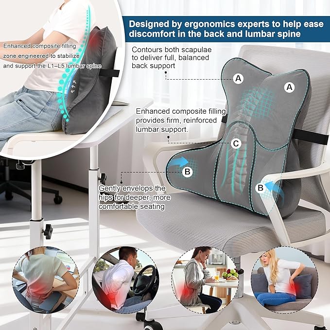 Lumbar Support Pillow(Pat. Pend) – Ergonomic Multi-Zone Back Cushion for Lower Back Pain Relief, Ideal for Office Chair, Car Seat & Home Reading,Steel Gray