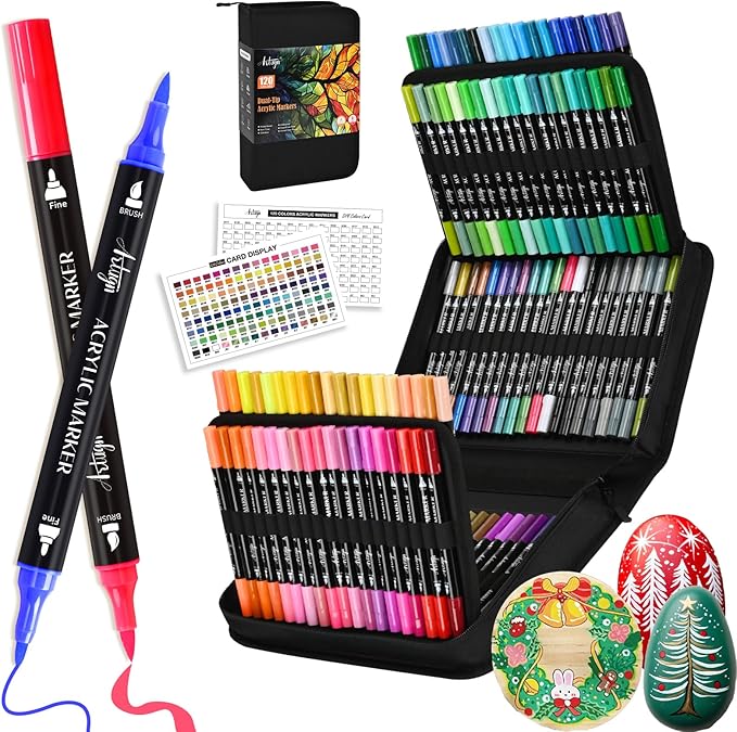 120 Colors Acrylic Paint Pens, Dual Tip Markers With Fine Tip and Brush Tip for Rock Painting, Ceramic, Wood, Plastic, Calligraphy, Scrapbooking, Brush Lettering, Card Making, DIY Crafts