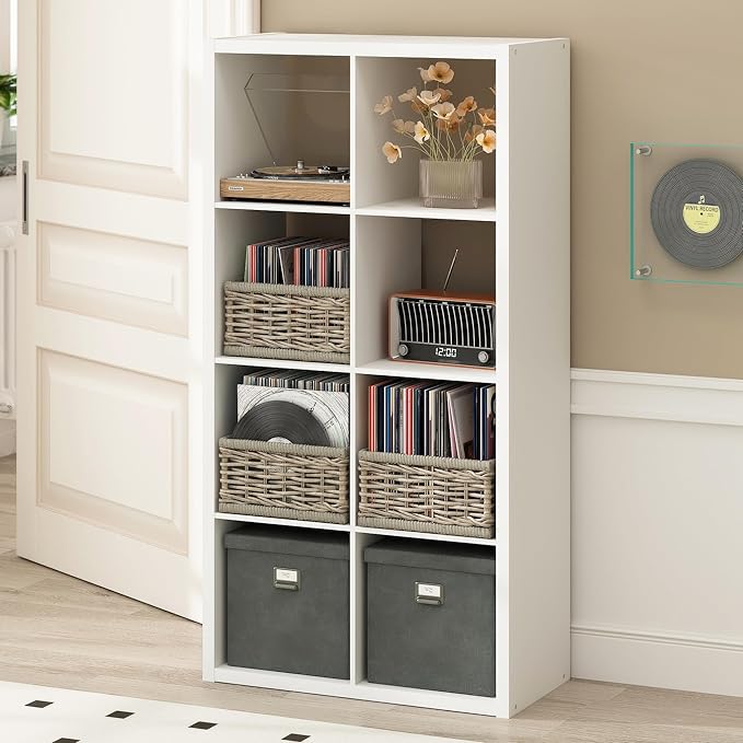 Furinno Cubicle Record Player Stand with Vinyl Storage, 8-Cube 1.2 Extra Thick Vinyl Record Storage, Open Back Media Shelf for CD DVD Blueray Game Disc, for Living Room, Home Office, White