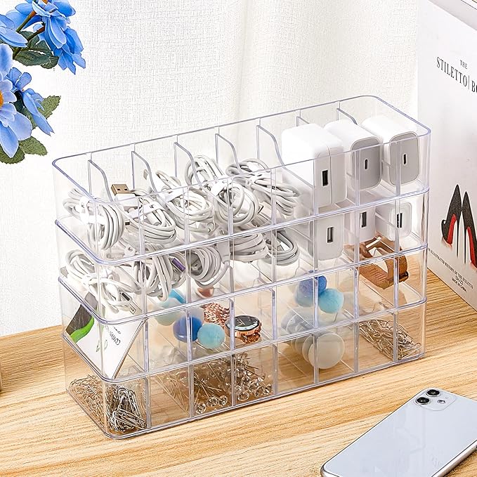 Tatuo 2 Pcs Cable Organizer with 20 Wire Ties, Plastic Cord Storage Charger Box Electronics Organizer with Adjustment Compartments Cable Storage for Drawer Home Office Desk Accessories (Clear)