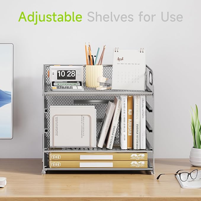 5 Tier Paper Organizer with Handle, Silver Metal Mesh Desk Organizer File Folder Paper Letter Tray Desktop Document Sorter for Classroom, School, Office Accessories Organization and Storage