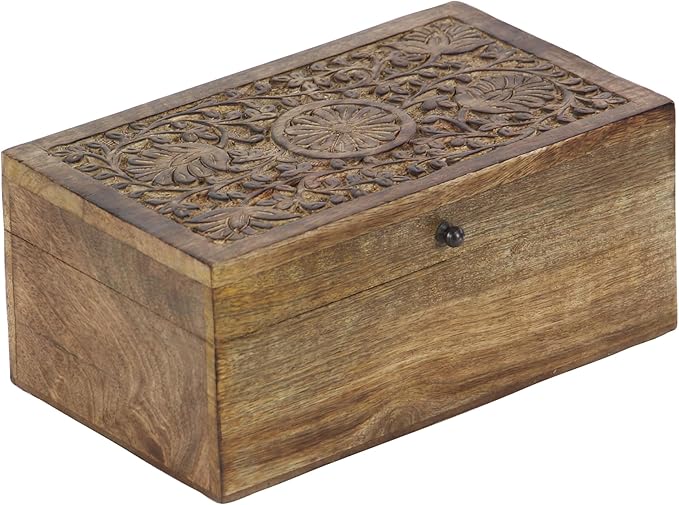 Deco 79 Mango Wood Floral Handmade Decorative Box Decorative Keepsake Boxes with Hinged Lid, Set of 3 Storage Boxes 8", 10", 12"W, Brown