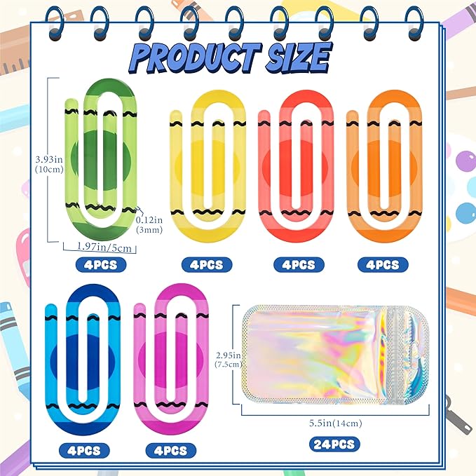 48 Pack Jumbo Acrylic Paper Clips, 4" X 2" 24Pcs Teacher Paper Clips with 24Pcs Gift Bags Personalized Paperclips Bookmark for Home Office Back to School Supplies (Crayon)