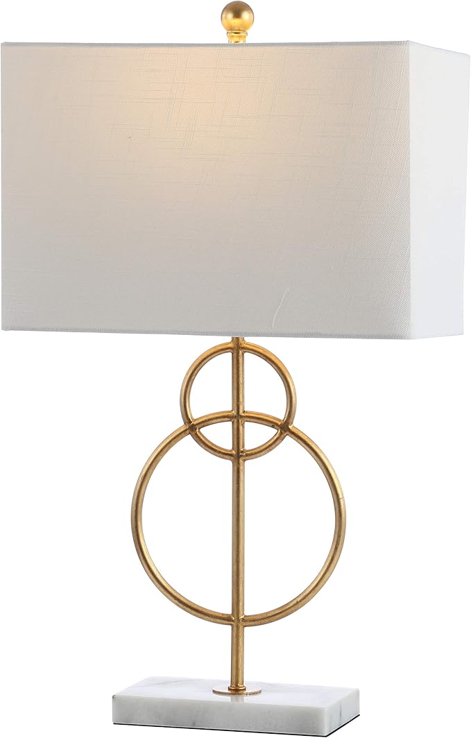 JONATHAN Y 26" Gold Leaf and White Marble Modern Circle LED Table Lamp, Glam Transitional Metal Desk Lamp for Living Room, White Linen Shade, LED Bulb Included JYL1096A