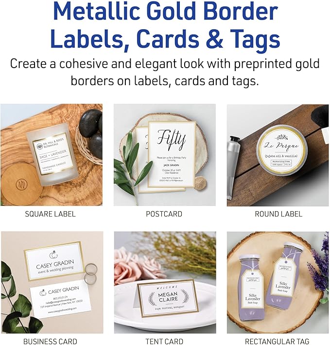 Avery Printable Round Labels, 2" Diameter, Matte White with Metallic Gold Borders, Permanent Adhesive, 120 Blank Labels, Great for Weddings, Showers, Holidays, and More (22875)