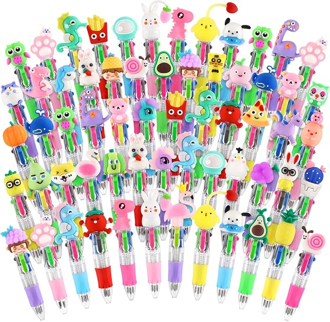 arscniek 100Pcs Multicolor Pen in One, 4-in-1 0.5mm Fine Point Cute Pens, Fun Kawaii Ballpoint Pen for Children's Party Favors, Classroom Prizes, Teacher School Supplies, Bulk Gifts for Students