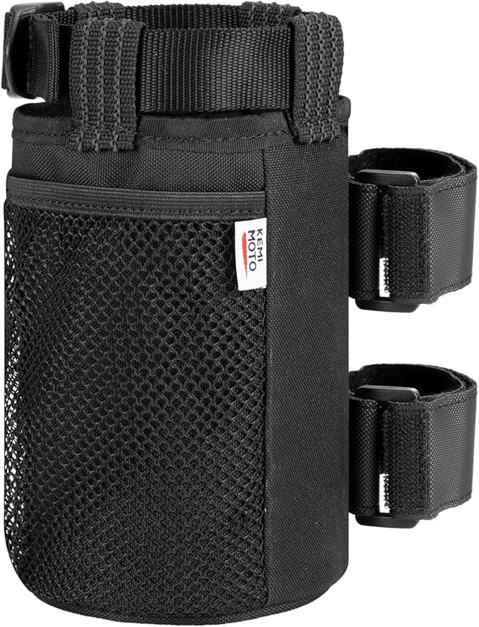 KEMIMOTO 1 Pack Cup Holder, Roll Bar Cup Holder for UTVs Wheelchair Scooter Walker Rollator Bike Golf Cart Boat with Mesh Pockets and Sticky Straps,