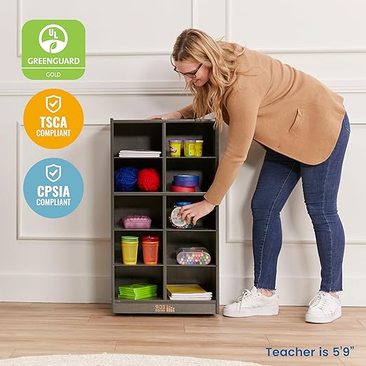 ECR4Kids 10 Cubby Mobile Tray Storage Cabinet, 5x2, Classroom Furniture, Grey Wash