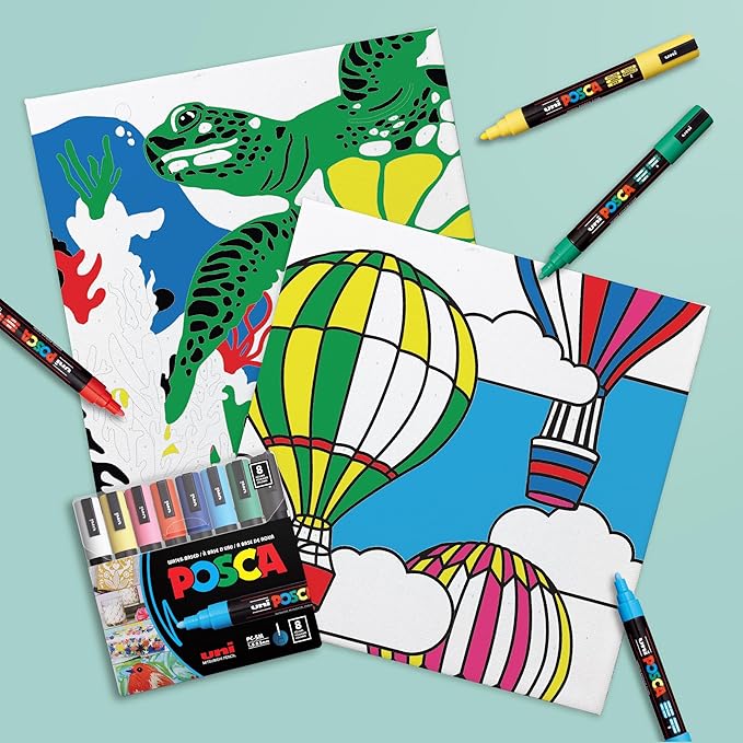 POSCA Canvas Paint by Number Kit, Sea & Sky - 8 Markers with 2 Pre-Drawn Canvases - For All Artists and Holiday Gifting