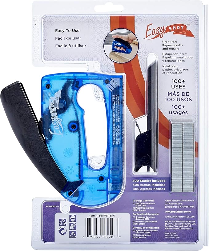 Arrow 5650DTB-6 Easy Shot Staple Gun, Manual Stapler for Decorating and Crafts, Includes Stapling base and 400 JT21 Staples, Blue