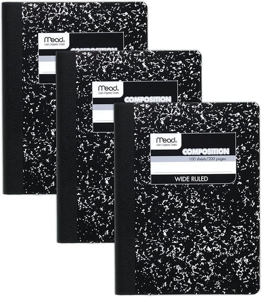 Mead Composition Notebook, 3 Pack, Wide Ruled Paper, 7-1/2" x 9-3/4", 100 Sheets per Comp Book, Black Marble (38301)
