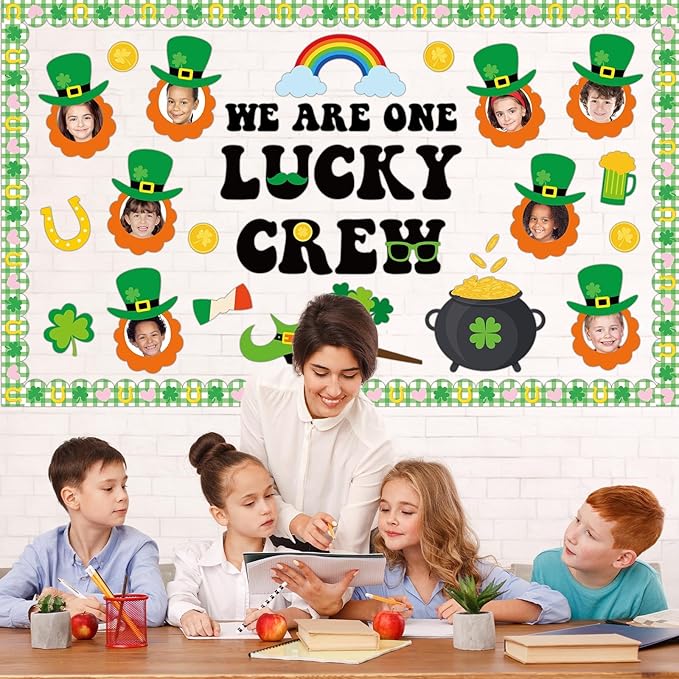 St. Patrick's Day Bulletin Board Set Shamrock Gold Coin Leprechaun Hat and Beard DIY Photo Craft Cutouts One Lucky Crew Green Irish March Classroom Decoration for Holiday Party School Home Wall Decor