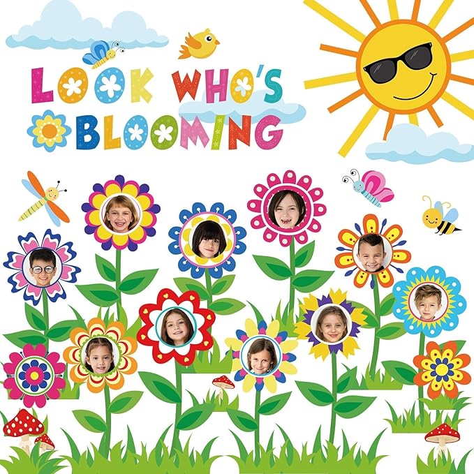 88Pcs Spring Bloom Flower Bulletin Board Decorations Set Look Who’s Blooming Classroom Decor Growth Mindset Photo Posting Craft Cutouts for School Offices Classroom Back to School Party Supplies