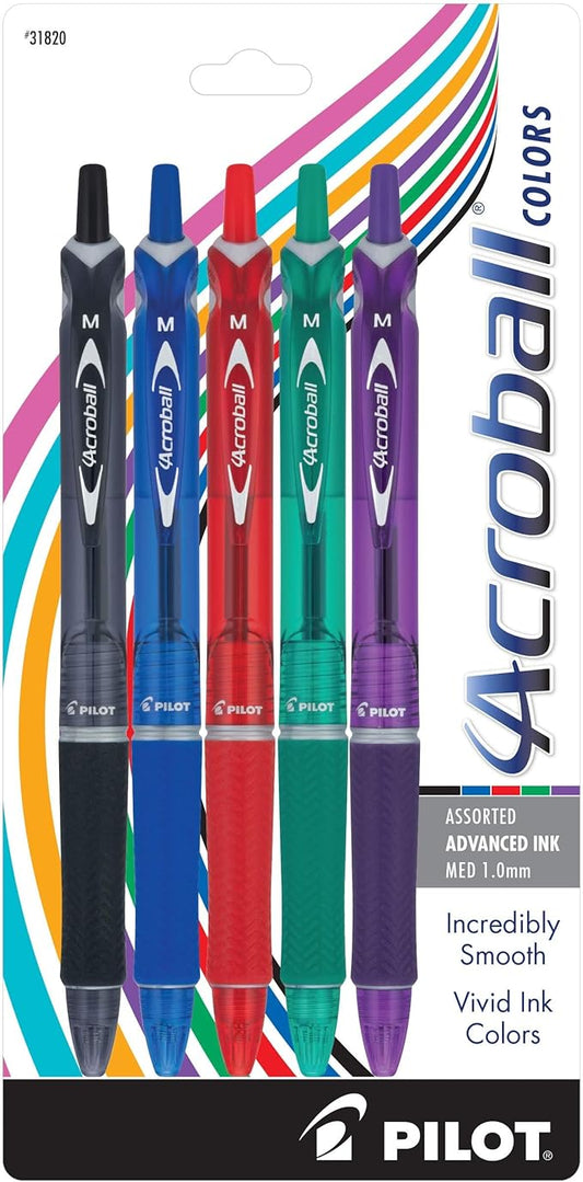 PILOT Acroball Colors Advanced Ink Refillable & Retractable Ball Point Pens, Medium Point, Black/Blue/Red/Green/Purple Inks, 5-Pack (31820)