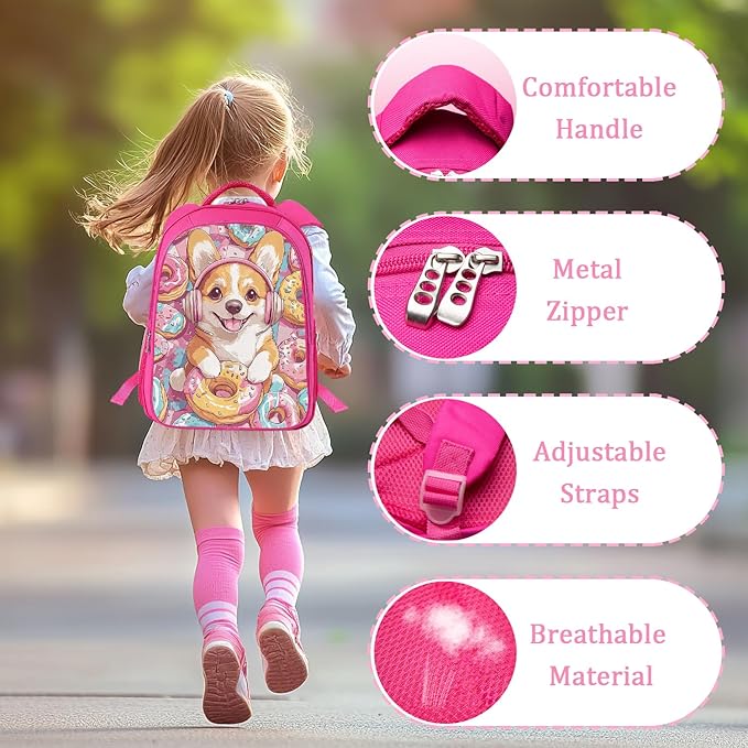 Corgi Donuts Backpack Set 3 Piece School Bags and Lunch Box with Pencil Case Pink Cartoon Dog Donut Animal Bookbag Set for Toddler Kids Girls Boys Teens Kindergarten Elementary Middle
