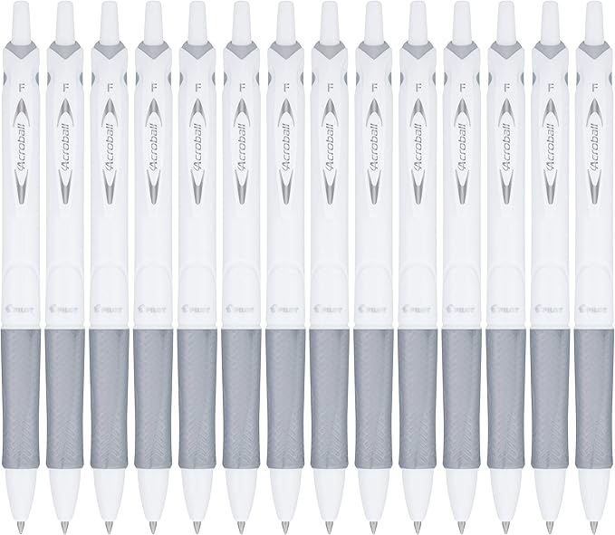 PILOT Acroball PureWhite Advanced Ink Refillable & Retractable Ball Point Pens with Silver Accents, Fine Point, Black Ink, 14-Pack (14694)