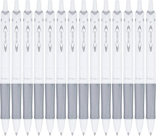 PILOT Acroball PureWhite Advanced Ink Refillable & Retractable Ball Point Pens with Silver Accents, Fine Point, Black Ink, 14-Pack (14694)