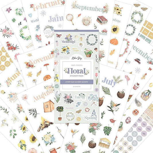Blue Sky Sticker Book, Everyday and Monthly Planner Stickers, Undated, Glued with Bungee, 1460+ Stickers for Journals and Calendars (Floral, 4.5" x 9")