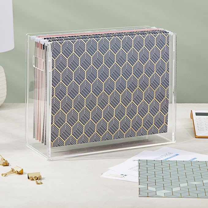Paper Junkie Geometric Hanging File Folders - Letter Size (11.75 in x 9 in), 12 Pack, Mint, Dusty Pink & Dark Blue - Gold Foil Decorative Folders & Organizer for Office Organization