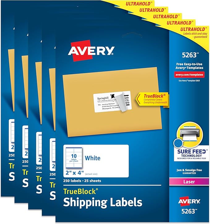 Avery Printable Shipping Labels with Sure Feed, 2" x 4" Customizable Stickers, White, 1,250 Blank Mailing Labels, Great for Mailing, Shipping, and More (5-Pack of 5263)