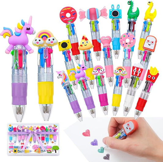 BESARME 16 Pcs Fun Pens for Kids, Multicolor Pens in One Valentines Classroom Gifts for Students 4-in-1 Cute Pen Bulk for Birthday Party Favors