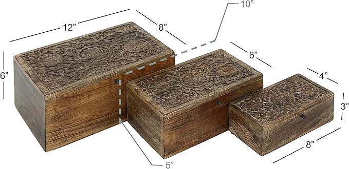 Deco 79 Mango Wood Floral Handmade Decorative Box Decorative Keepsake Boxes with Hinged Lid, Set of 3 Storage Boxes 8", 10", 12"W, Brown