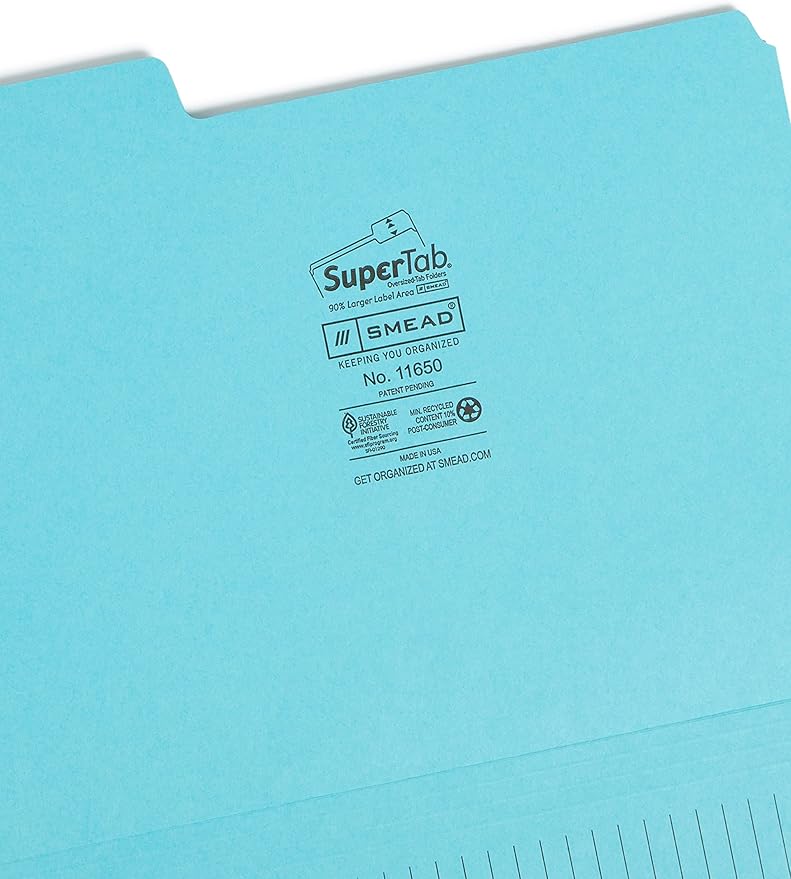 Smead SuperTab Notes Folder, Oversized 1/3-Cut Tab, Letter Size, Assorted Colors, 12 per Pack (11650)