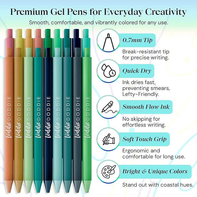 Loddie Doddie Retractable Colored Gel Pens - 18-Pack, 0.7 mm, Coastal Satin Barrel - Smooth-Glide Journaling Pens - Precision Fine Tip Markers - Vibrant Pastel Color Markers