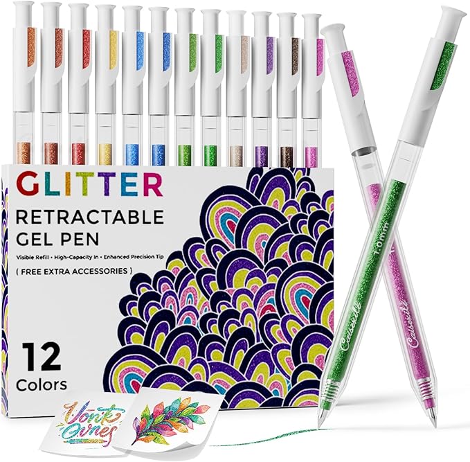 12 Colors Retractable Glitter Gel Pens, Colored Gel Pens, For Artists Adults Coloring Books Drawing Journaling Doodling Writing