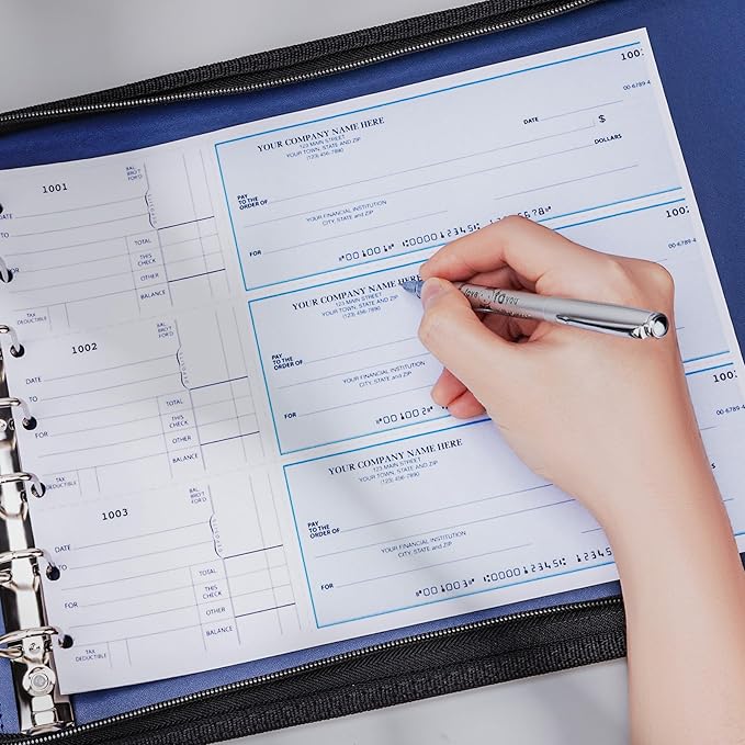 Antner Zippered 7 Ring Business Check Binder Portfolio for 3-Up Business Size Checks, PU Leather 7 Ring Checkbook Binder 600 Checks Capacity for 9" x 13" Sheets, Built-in Storage Organizer, Navy Blue