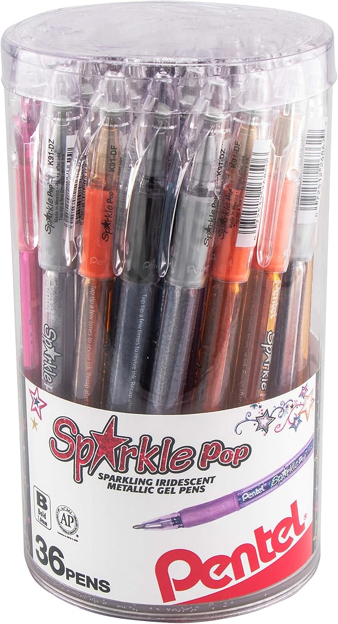 Pentel Sparkle Pop Iridescent Gel Pens, (1.0mm) Bold Lines, Assorted Ink (A/C/D/F/P/V/x/Z) 36-PK Canister (K91PC36M)