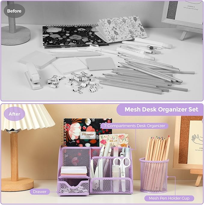SKYDUE Purple Office Supplies, Purple Desk Organizer for Kids, Mesh Desk Organizer, Stapler, Tape Dispenser, Scissors, Binder/Paper Clips and 1000pcs Staples, Girls Desk Accessories