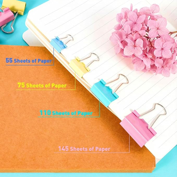 180 Pcs Binder Clips Assorted Sizes, Colored Binder Paper Clips Office Clips Office Supplies, 4 Sizes Cute Binder Clips Large Medium Small Paper Clips Paper Clamps for Home School Business (Colored)