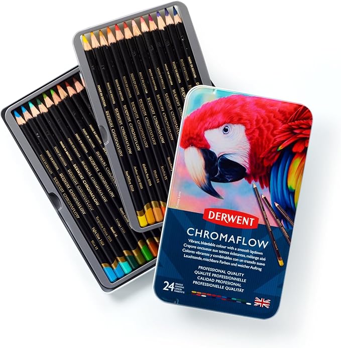 Derwent Chromaflow Colored Pencils Tin, Set of 24, Great for Holiday Gifts, 4mm Wide Core, Multicolor, Smooth Texture, Art Supplies for Drawing, Blending, Sketching, Professional Quality (2305857)
